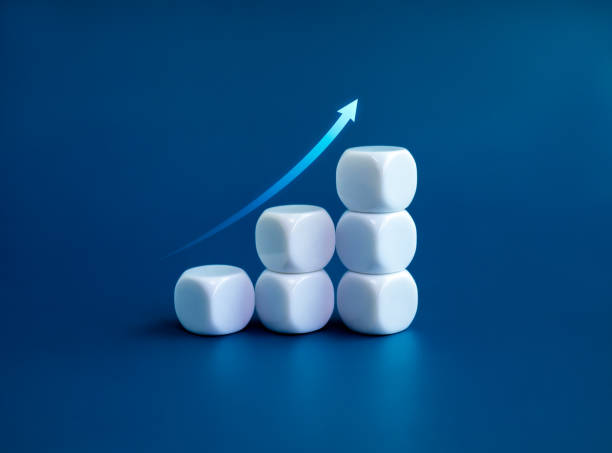 istock Rise up glowing arrow on white blocks business chart steps isolated on blue background, minimal style. The business growth graph process, goal, success, and economic improvement and analysis concepts. 1658861952