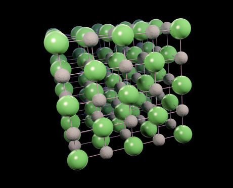 A ball and stick model of Sodium Chloride - more usually known as table salt or rock salt.