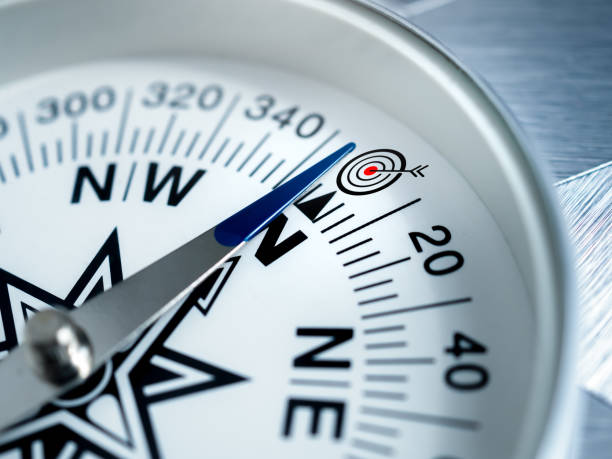 istock Business goals direction, guidance, mission plan, navigate strategy, achievement objectives and success concepts. Close-up target dart icon on modern round white compass with metalic silver arrow. 1658862494