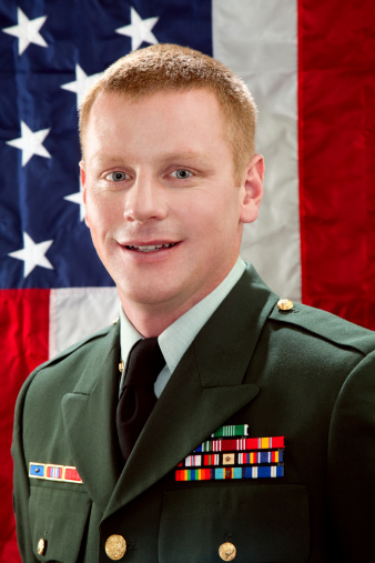 Decorated American Soldier with Class A Uniform Against American Flag.