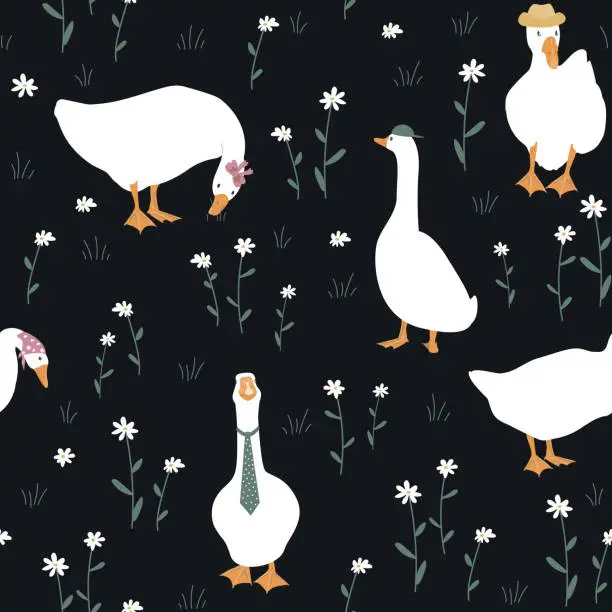 Vector illustration of Cute dressed geese seamless pattern. Fashionable goose in a hat, tie, scarf. Funny vector background