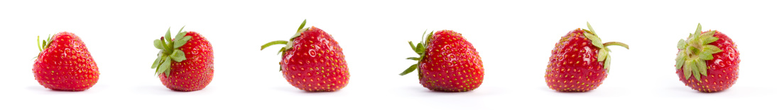 row of fresh strawberries on white background. five photos merged together.