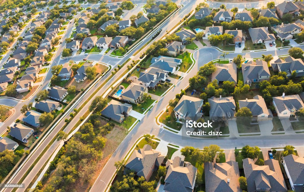 Aerial View of the Suburbs Aerial View from a helicopter of a suburban development near Austin, Texas Texas Stock Photo