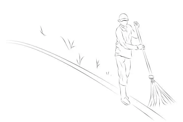Vector illustration of park or road no face sweeper man, simple hand draw sketch, isolated on white