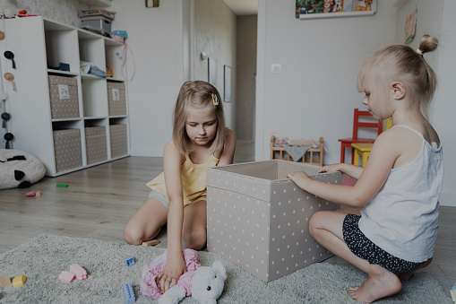 Children cleaning toys from floor after playing, collect them to textile box. Kids sitting on carpet at white home bedroom, kindergarten playroom or playground center. Educational eco-friendly games
