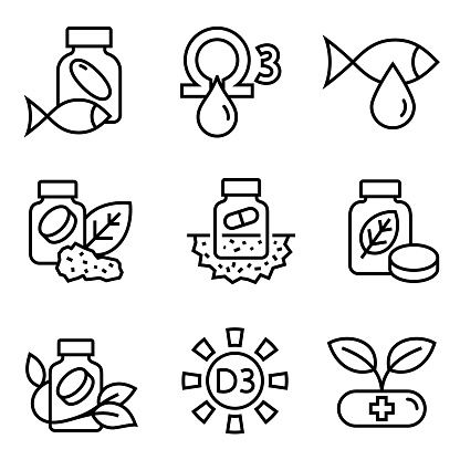 Single color isolated outline icons of nutritional supplements