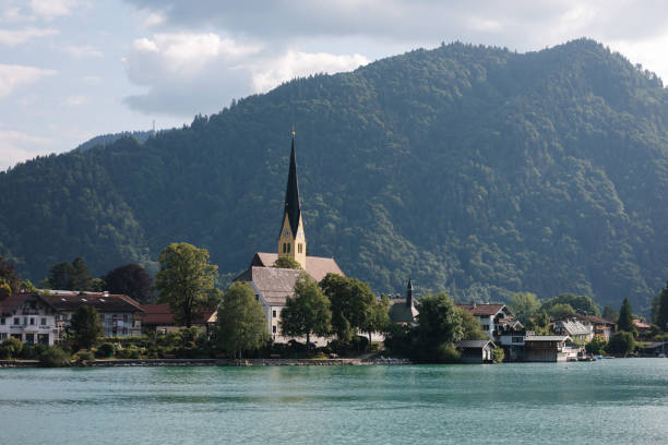 Authentic city between the mountains near a large, beautiful lake. High quality photo