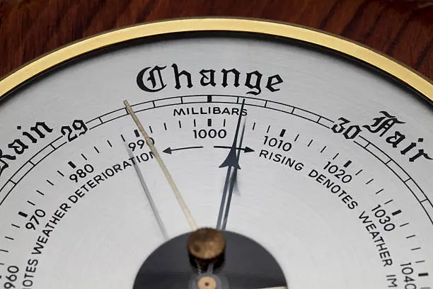 Close up of the needle at the "Change" indication of an aneroid barometer