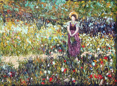 Original oil painting of a woman standing in a field of flowers done in French impressionist style. Painting done by contributor.  Property release on file.