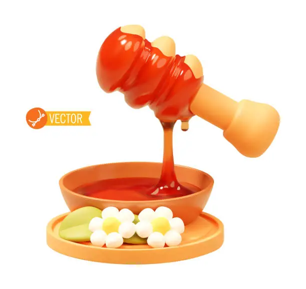 Vector illustration of Vector honey dripping from wooden honey dipper