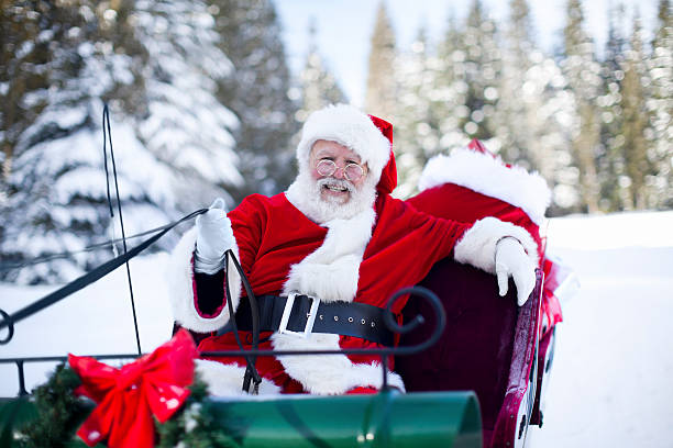 Cheerful Santa Claus on Sleigh in Snow, Copy Space stock photo