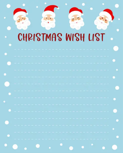 Vector illustration of Christmas wish list with cute Santa Claus emotional faces. Winter holiday theme. Printable decorated page.