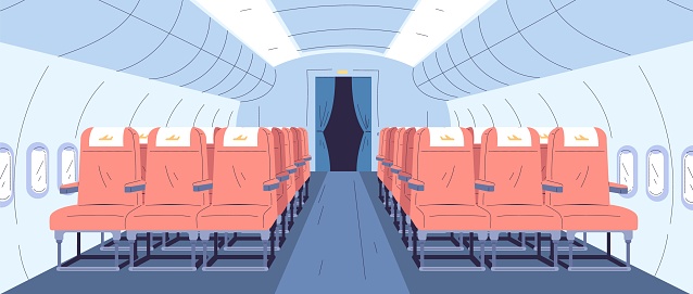 Airplane interior. Aircraft seat aisle inside cabin plane, travel aeroplane board flight empty salon with chair and window of air fly bus jet, vector illustration of plane economy civil illustration