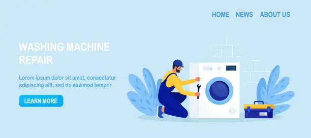 Vector illustration of Repairmen in uniform repair electrical washing machine with tool. Professional workers with wrench. Home masters fixing broken home appliance, plumbing. Electrician, plumber call. Repair service