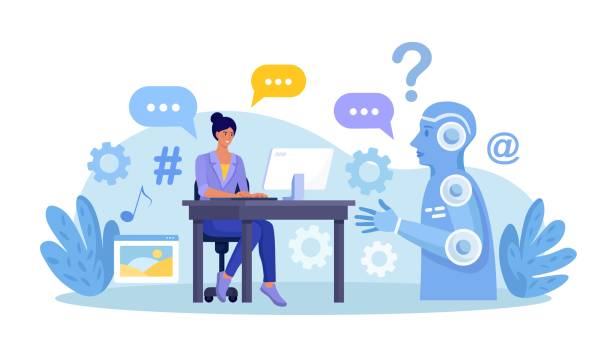 ilustraciones, imágenes clip art, dibujos animados e iconos de stock de conversación de chatbot con clientes. chat de bot de chat. optimización de modelos lingüísticos para el diálogo. el robot de inteligencia artificial responde preguntas, genera conversaciones de refinamiento, proporciona una solución inteligente - inteligencia artificial generativa