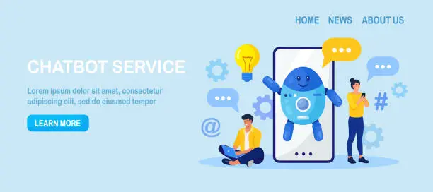 Vector illustration of Chatbot conversation with clients. Chat bot chatting. Optimizing language models for dialogue. Artificial intelligence robot answer questions, generate refinement conversation, provide smart solution