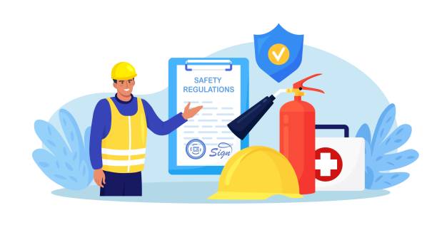 OSHA. Occupational Safety and Health Administration. Work Safety Regulations. Government Service Protecting at Job. Worker Security Protection Policy. Caution Regulation Document for Trauma Prevention vector art illustration
