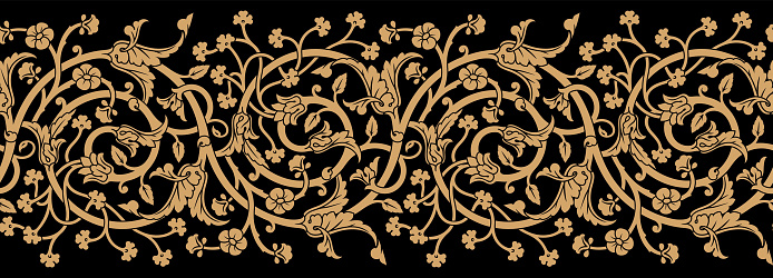 Beautiful Elegance Uzbekistan Floral Seamless Border. Traditional Islamic Background for print on product or adult coloring book, coloring page.