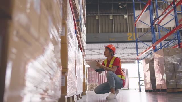 Female worker checking inventory at distribution warehouse stock.