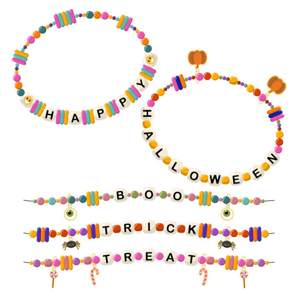 Bracelets from words happy, halloween, boo, trick, treat Happy Halloween collection of jewelry and children's ornaments. Set of bright colorful braided bracelets made of handmade plastic beads with words from the letters happy, halloween, boo, trick, treat. friendship bracelets hands stock illustrations