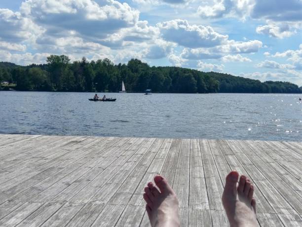 istock Relax by the lake in bare feet 1658930284