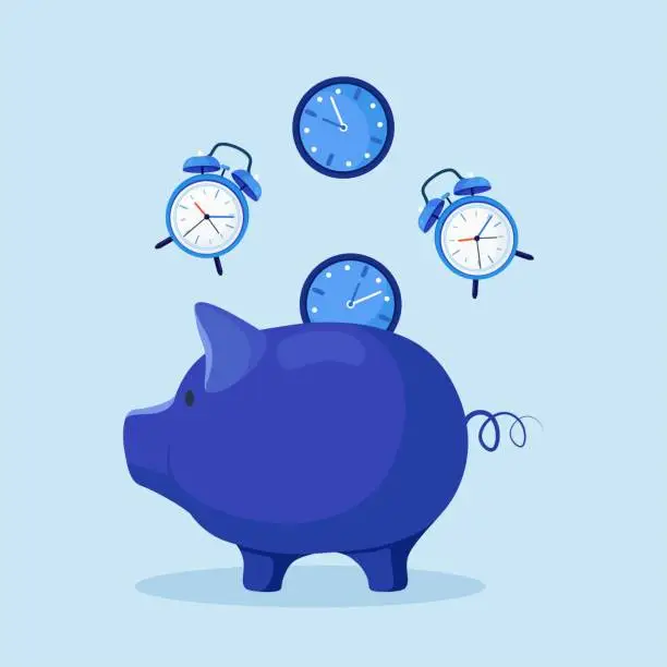 Vector illustration of Piggy bank with falling watch, clock. Time management planning. Deadline. Work organization, business management. Times is money. Investments. Saving time techniques, tips and tricks for planning