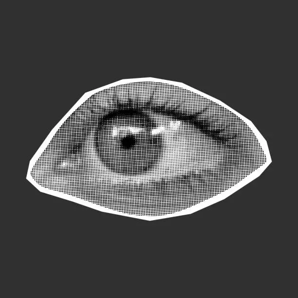 Vector illustration of Collage element human eye in halftone style.