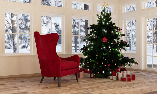 christmas interior, Xmas Tree decorated with gift box and chair red. 3D rendering.