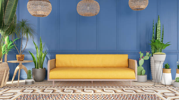 istock Home Interior Mock-up Wall with a Sofa, Green Plants and Wooden Table 1658980948