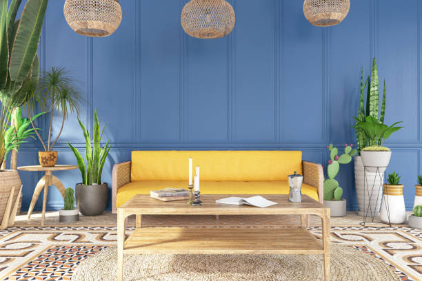 istock Home Interior Mock-up Wall with a Sofa, Green Plants and Wooden Table 1658982635