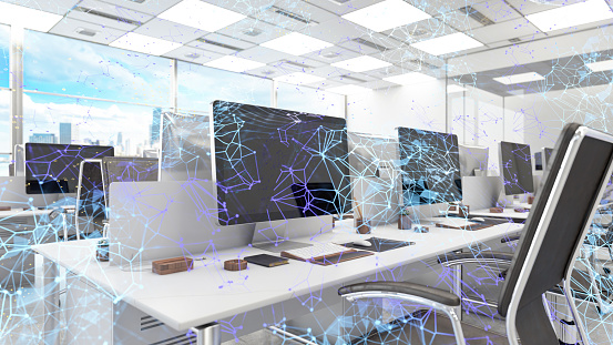 Abstract Network Web on Open Workspace with Computers . 3D Render