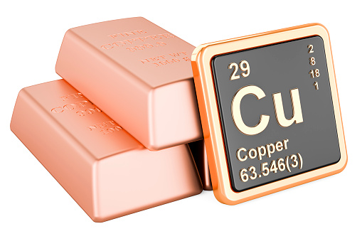 Copper ingots background with chemical element icon Copper Cu, 3D rendering isolated on white background