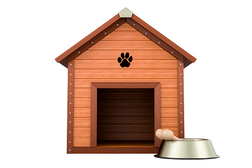 Wooden doghouse with bowl and bone, front view. 3D rendering isolated on white background