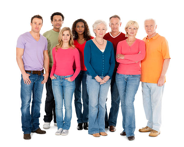 Diverse Group of People - Isolated Shot of a diverse group of people in casual clothing. Horizontal shot. Isolated on white. group of people men mature adult serious stock pictures, royalty-free photos & images