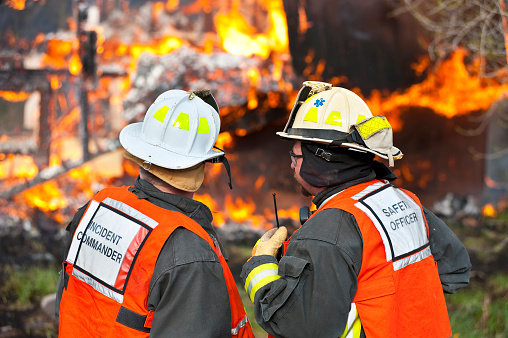 London, UK - August 17 2022: London Fire Brigade firefighters on the scene of a blaze in central London.