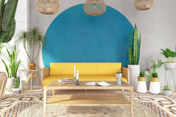 istock Home Interior Mock-up Wall with a Sofa, Green Plants and Wooden Table 1658990982