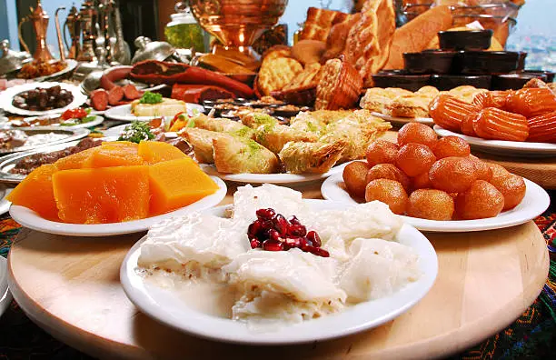 Dessert Backgrounds (Traditional Turkish Desserts- Baklava, Tulumba, Güllaç, Sütlaç, Lokma, Kabak Tatlısı)
