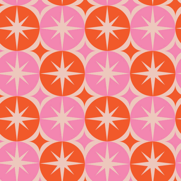 mid century modern groovy białe gwiazdy na różowych i pomarańczowych dużych okręgach bezszwowy wzór. - wallpaper pattern wallpaper 1950s style ornate stock illustrations