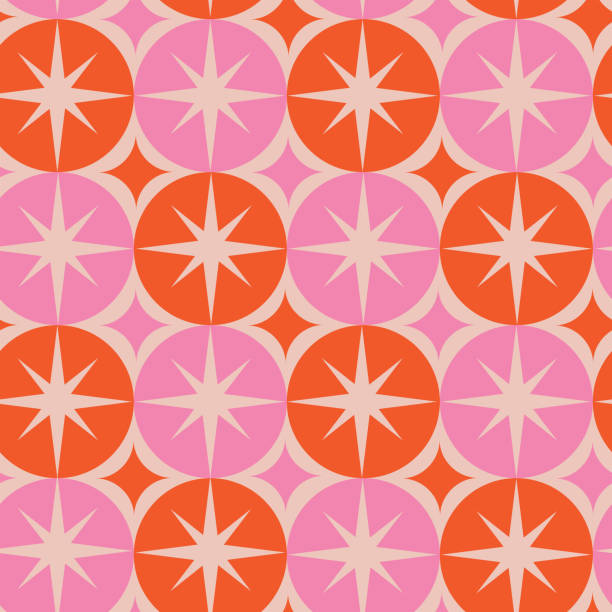 Mid Century Modern Groovy white starbursts on pink and orange big circles seamless pattern. For home décor, textile and wallpaper.