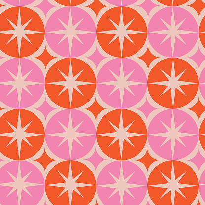Mid Century Modern Groovy white starbursts on pink and orange big circles seamless pattern. For home décor, textile and wallpaper.