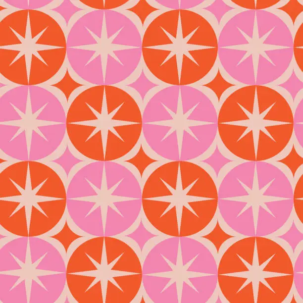 Vector illustration of Mid Century Modern Groovy white starbursts on pink and orange big circles seamless pattern.