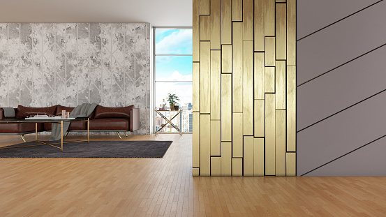 Modern Room with a Shiny Golden Wall Panelling. 3D Render