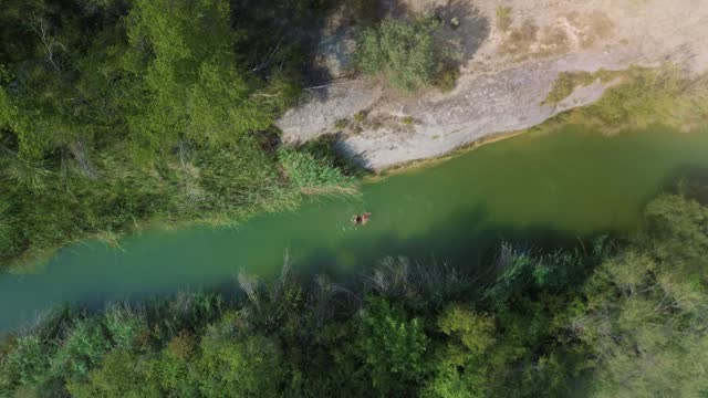 Aerial top view of a woman swimming on a river in summer. Travel adventure and vacations concept.