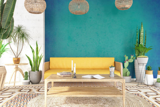 istock Home Interior Mock-up Wall with a Sofa, Green Plants and Wooden Table 1658997580