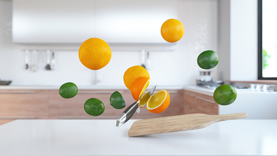 Zero Gravity in the Kitchen Slicing Lemons and Oranges. 3D Render