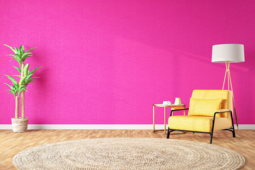 Empty Mockup Pink Wall with a Yellow Armchair. 3D Render