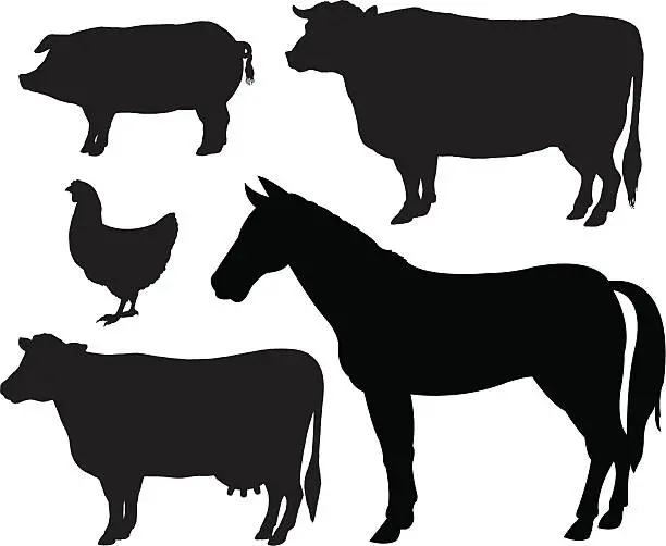 Vector illustration of Farm Animal Silhouettes - Cow, Horse, Pig, Chicken