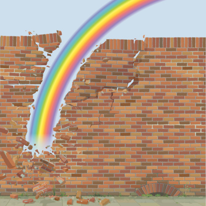 EPS10 Vector Illustration (CMYK) of a rainbow destroying a wall. The soft end of the rainbow is done with an opacity mask and the cast shadow of the big piece is done with multiplying gray. Layered file. Includes AI10-EPS, AI10, PDF and JPG (43cm wide, 300dpi)