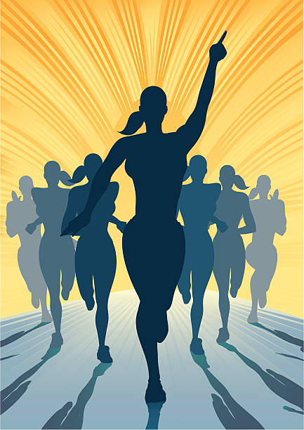 Woman winning a sprint race vector art illustration