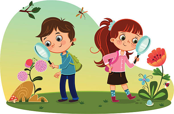 dzieci w natura - dowcip rysunkowy ilustracje stock illustrations